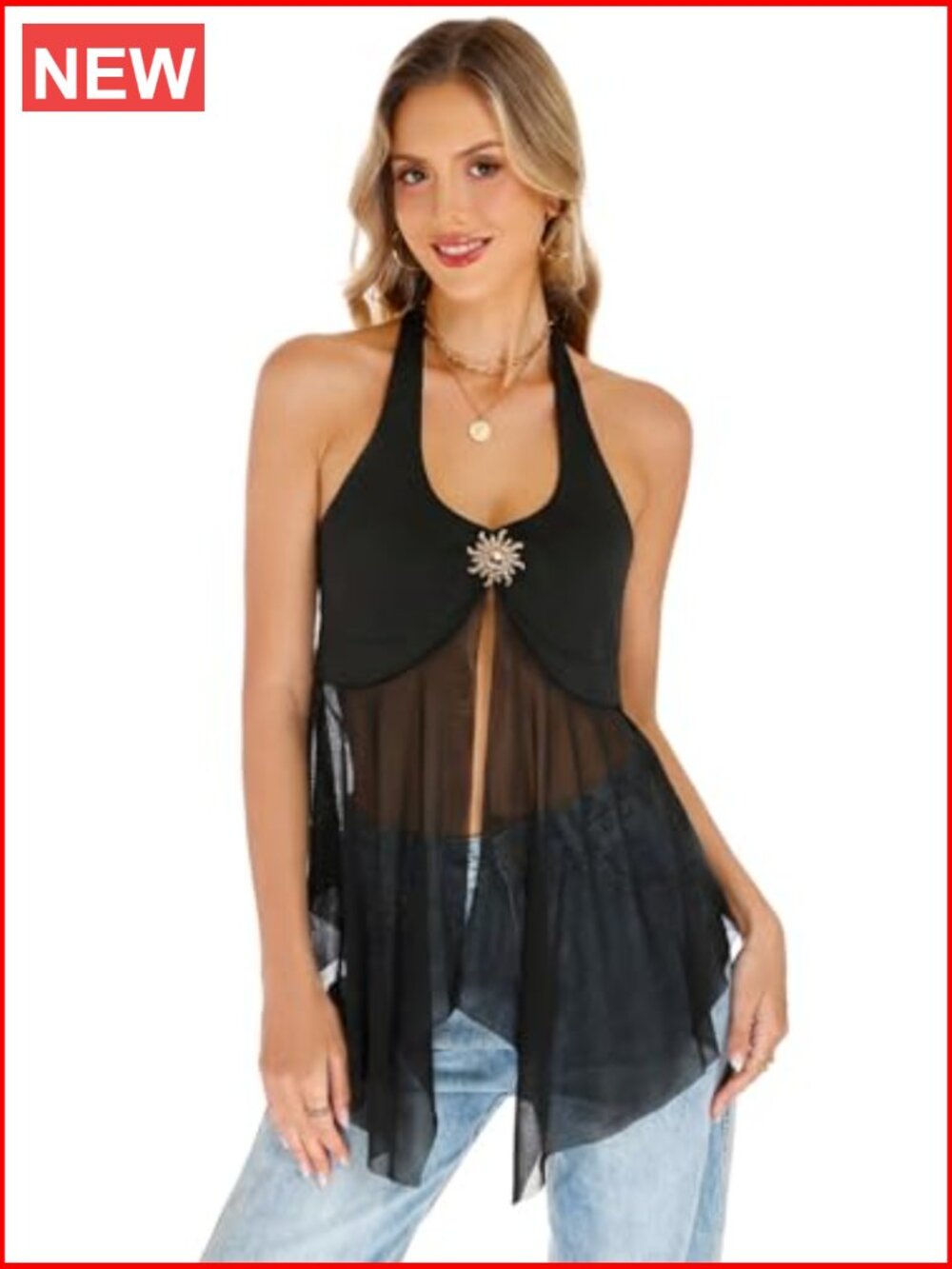 Sheer Mesh Halter Tank Top Flowy Asymmetric Hem Sleeveless Camisole - Picture 3 of 7